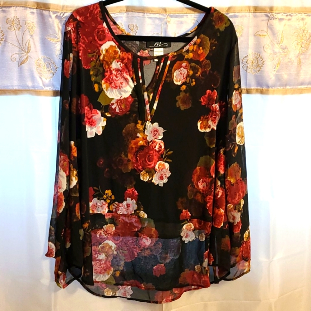 Beautiful dressy top, sheer sleeves and hem detail